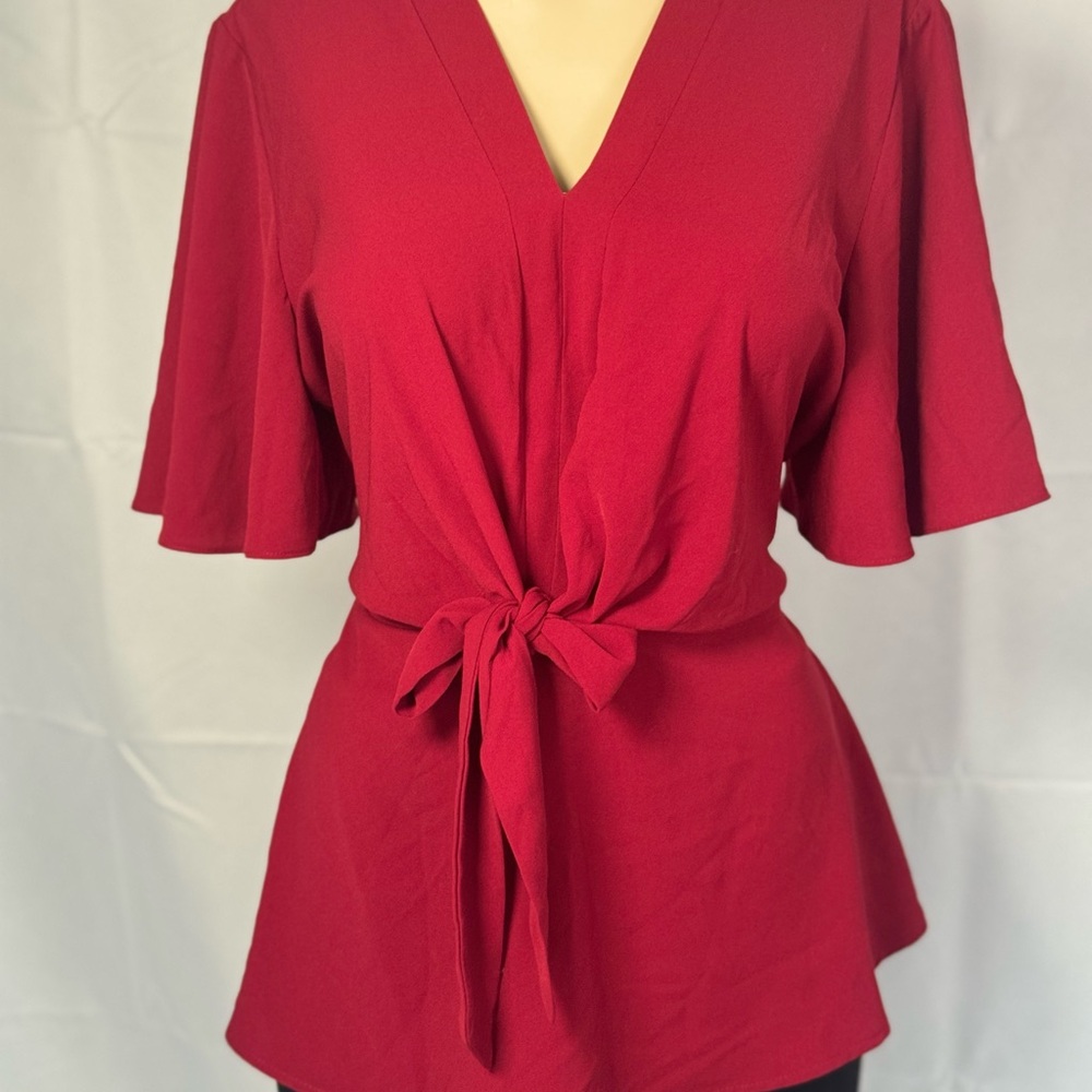 Grace Karin Red V-Neck Blouse with Tie Waist